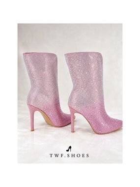 NIB Infinity Pink Rhinestone Slip On Stiletto High Heel V Top Ankle Boots